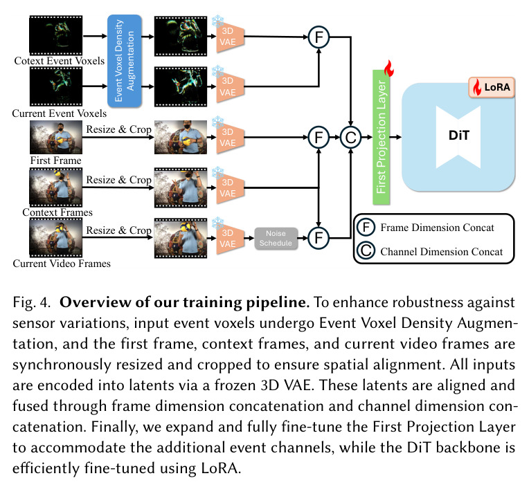 Overview of our training pipeline. To enhance robustness against sensor variations, input event voxels undergo Event Voxel Density Augmentation, and the first frame, context frames, and current video frames are synchronously resized and cropped to ensure spatial alignment. All inputs are encoded into latents via a frozen 3D VAE. These latents are aligned and fused through frame dimension concatenation and channel dimension concatenation. Finally, we expand and fully fine-tune the First Projection Layer to accommodate the additional event channels, while the DiT backbone is efficiently fine-tuned using LoRA.
