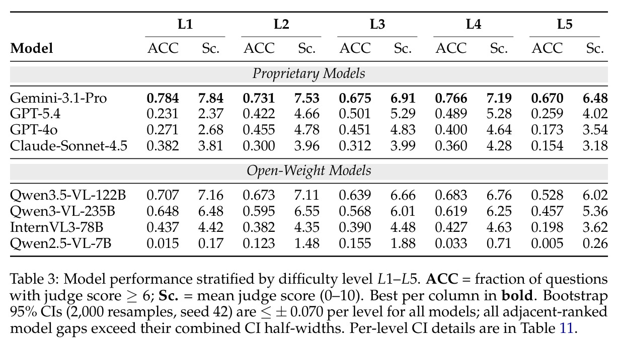 Model performance stratified by difficulty level L1–L5.