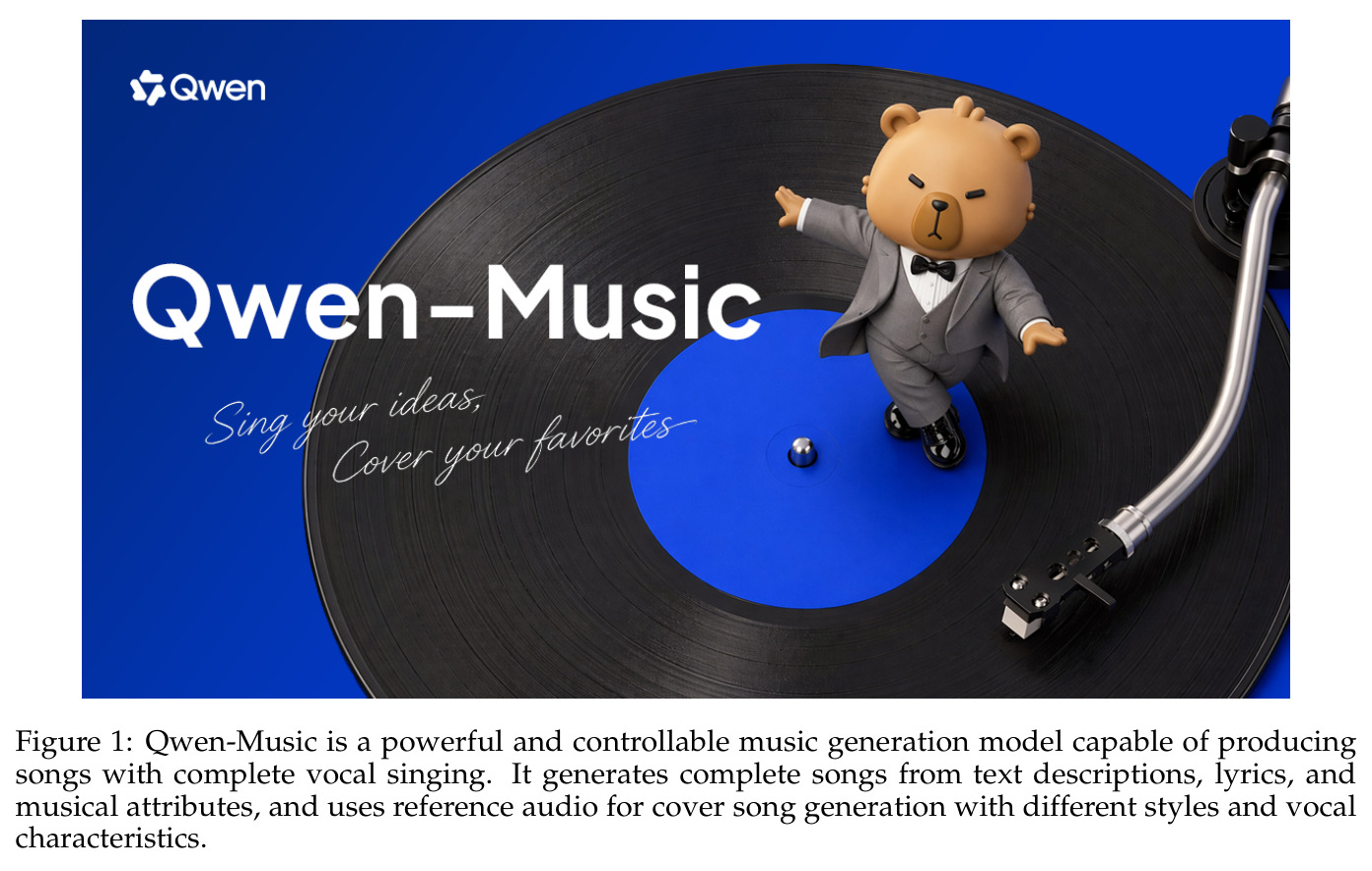 Qwen-Music 是一个强大且可控的音乐生成模型，能生成含完整人声演唱的歌曲；可由文本描述、歌词与音乐属性生成完整歌曲，并用参考音频做不同风格/音色的翻唱。