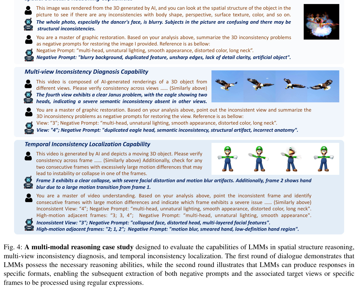 A multi-modal reasoning case study designed to evaluate the capabilities of LMMs in spatial structure reasoning, multi-view inconsistency diagnosis, and temporal inconsistency localization.
