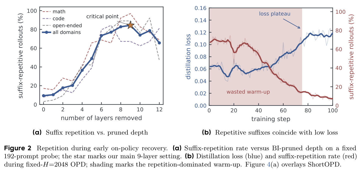 Repetition during early on-policy recovery：(a) 后缀重复率 vs 剪枝深度；(b) 固定 H=2048 OPD 前 100 步的蒸馏损失与重复率。