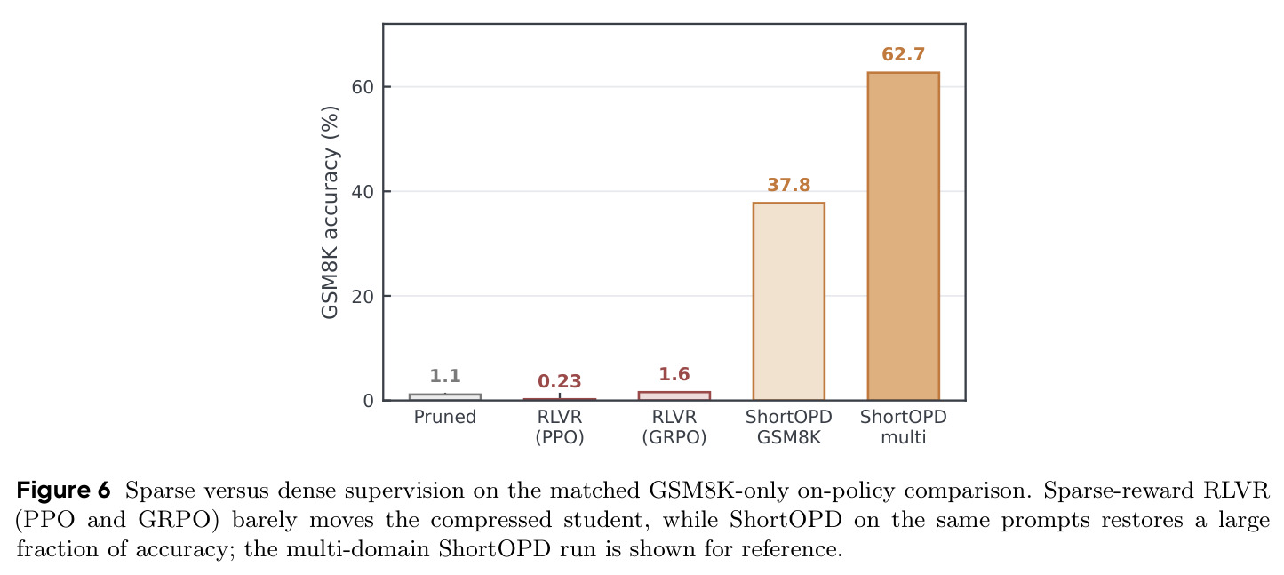 Sparse versus dense supervision on the matched GSM8K-only on-policy comparison。