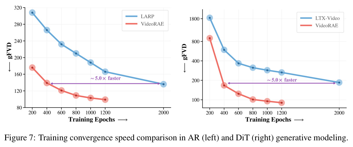 Training convergence speed comparison in AR (left) and DiT (right) generative modeling.