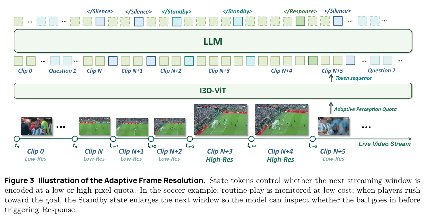 Adaptive Frame Resolution示意图：状态token控制下一流式窗口的像素预算