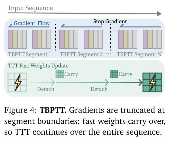TBPTT. Gradients are truncated at segment boundaries; fast weights carry over, so TTT continues over the entire sequence.