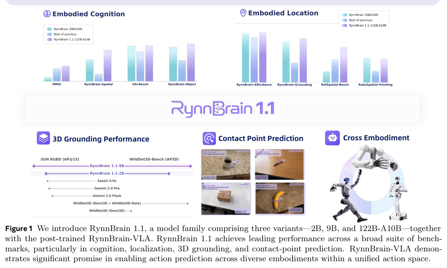 We introduce RynnBrain 1.1, a model family comprising three variants—2B, 9B, and 122B-A10B—together with the post-trained RynnBrain-VLA.