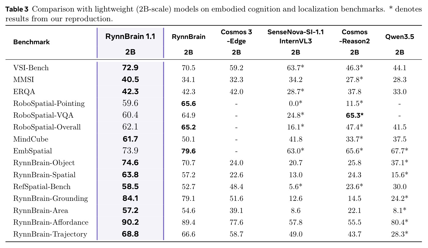 Comparison with lightweight (2B-scale) models on embodied cognition and localization benchmarks.