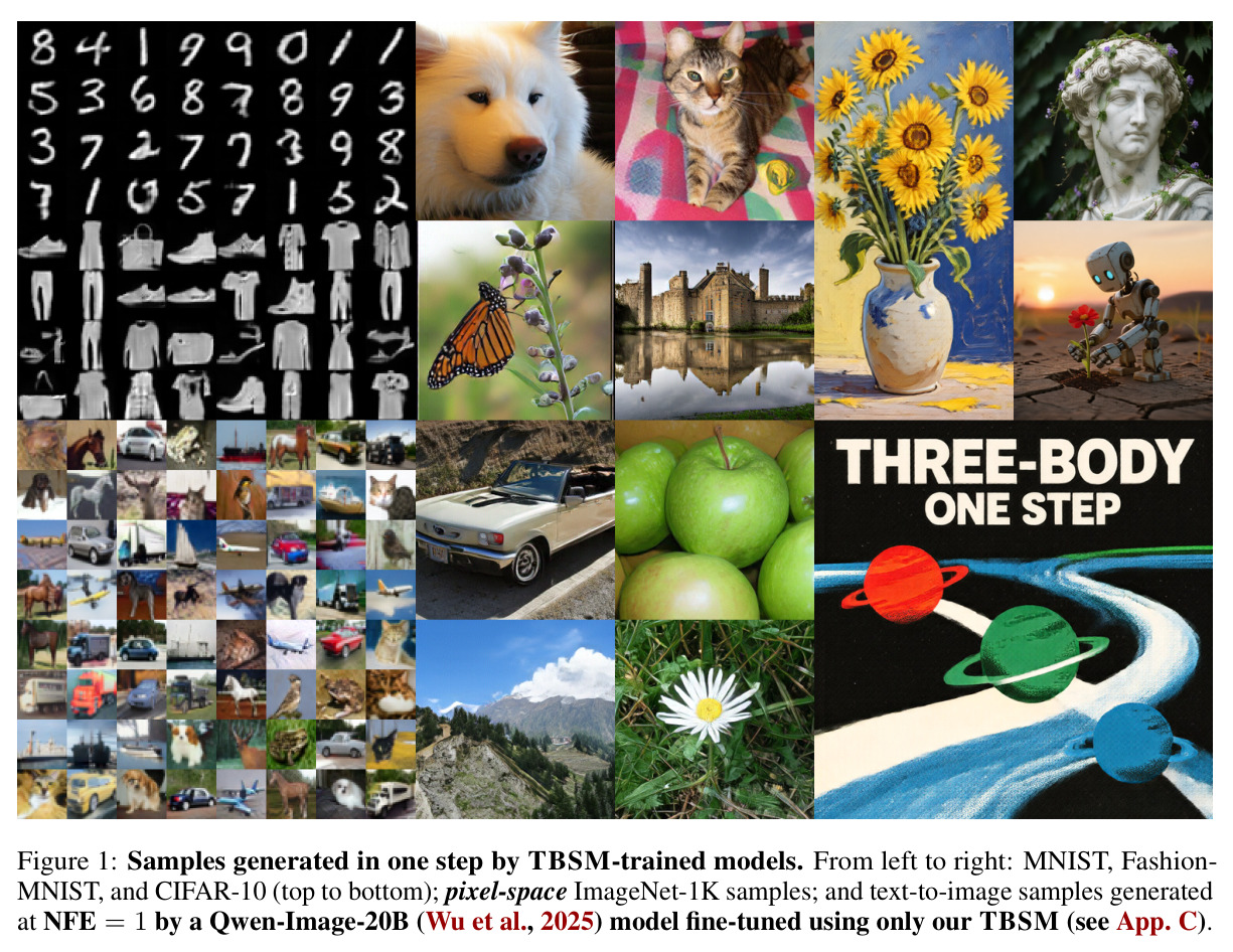 TBSM 训练模型的一步生成样本。从左到右：MNIST、Fashion-MNIST、CIFAR-10（自上而下）；像素空间 ImageNet-1K 样本；以及由 Qwen-Image-20B 仅用 TBSM 微调后在 NFE=1 生成的文本-图像样本。