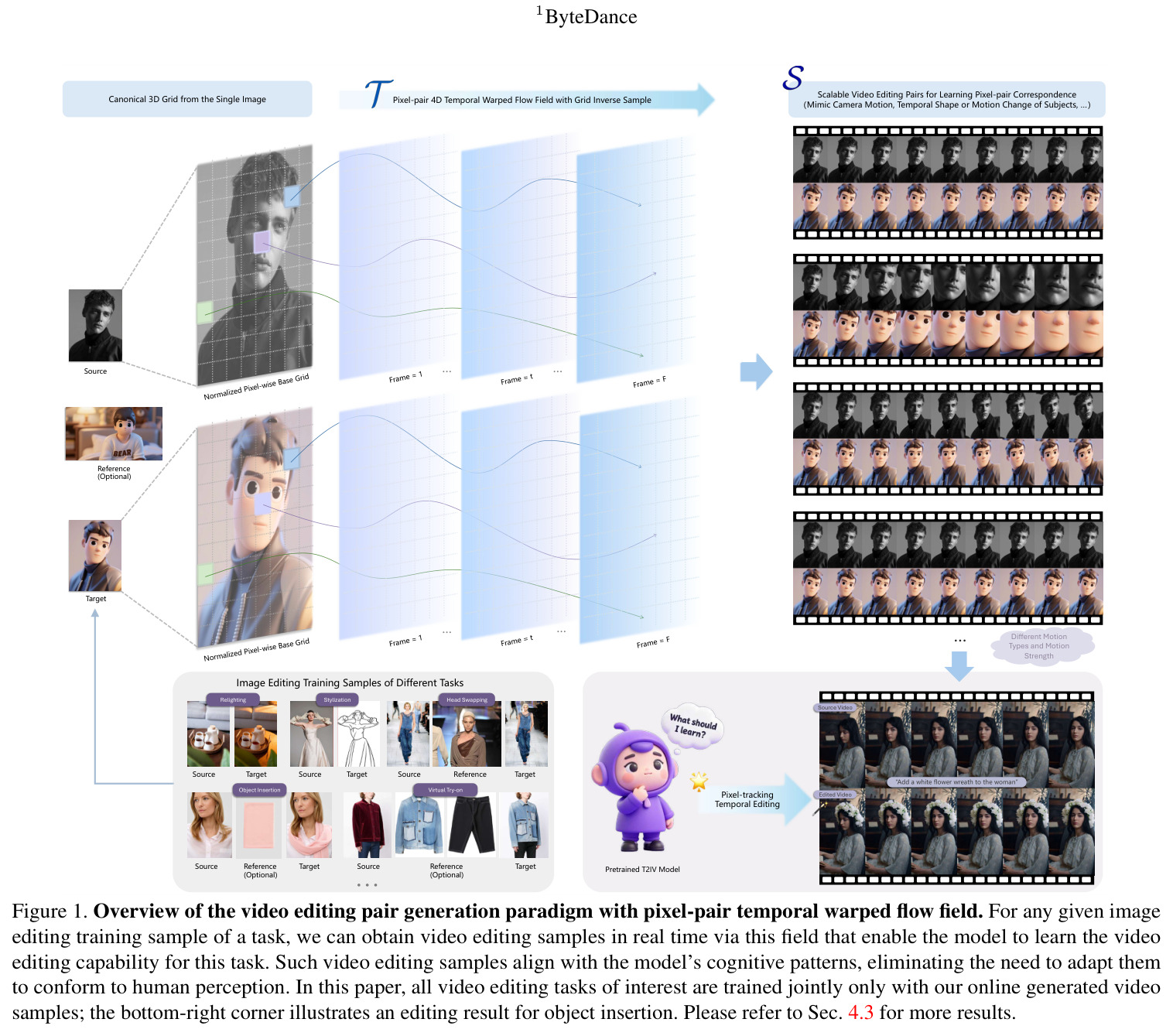 Overview of the video editing pair generation paradigm with pixel-pair temporal warped flow field.