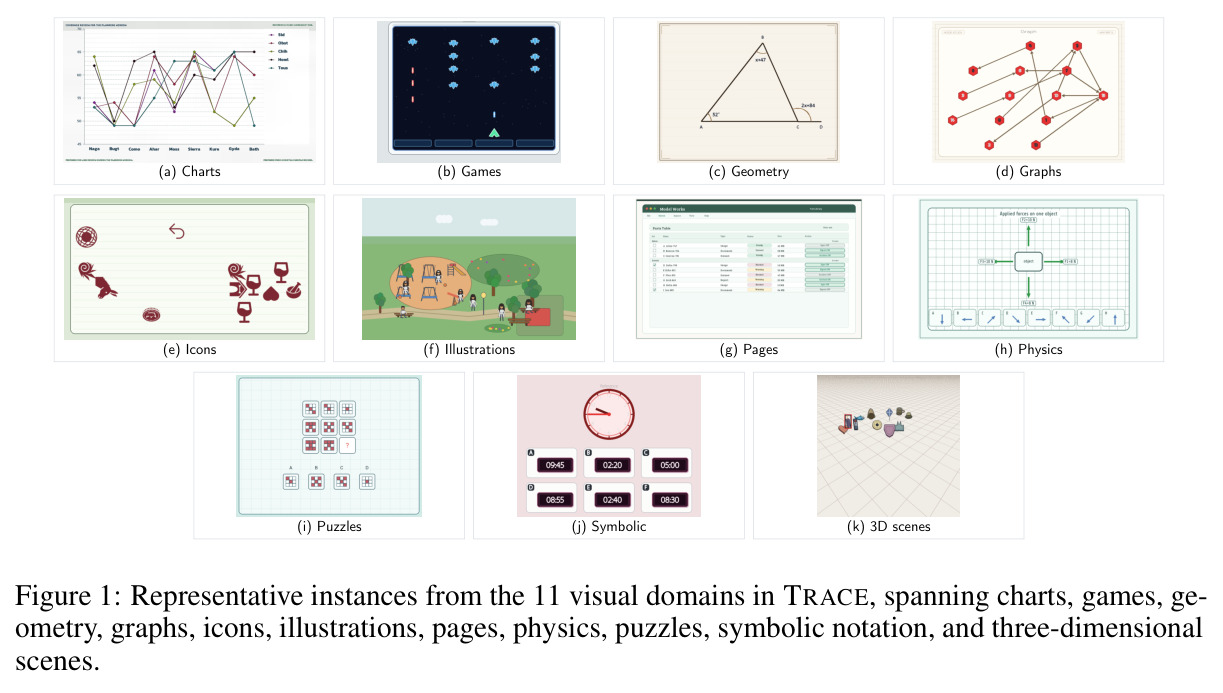 Representative instances from the 11 visual domains in TRACE