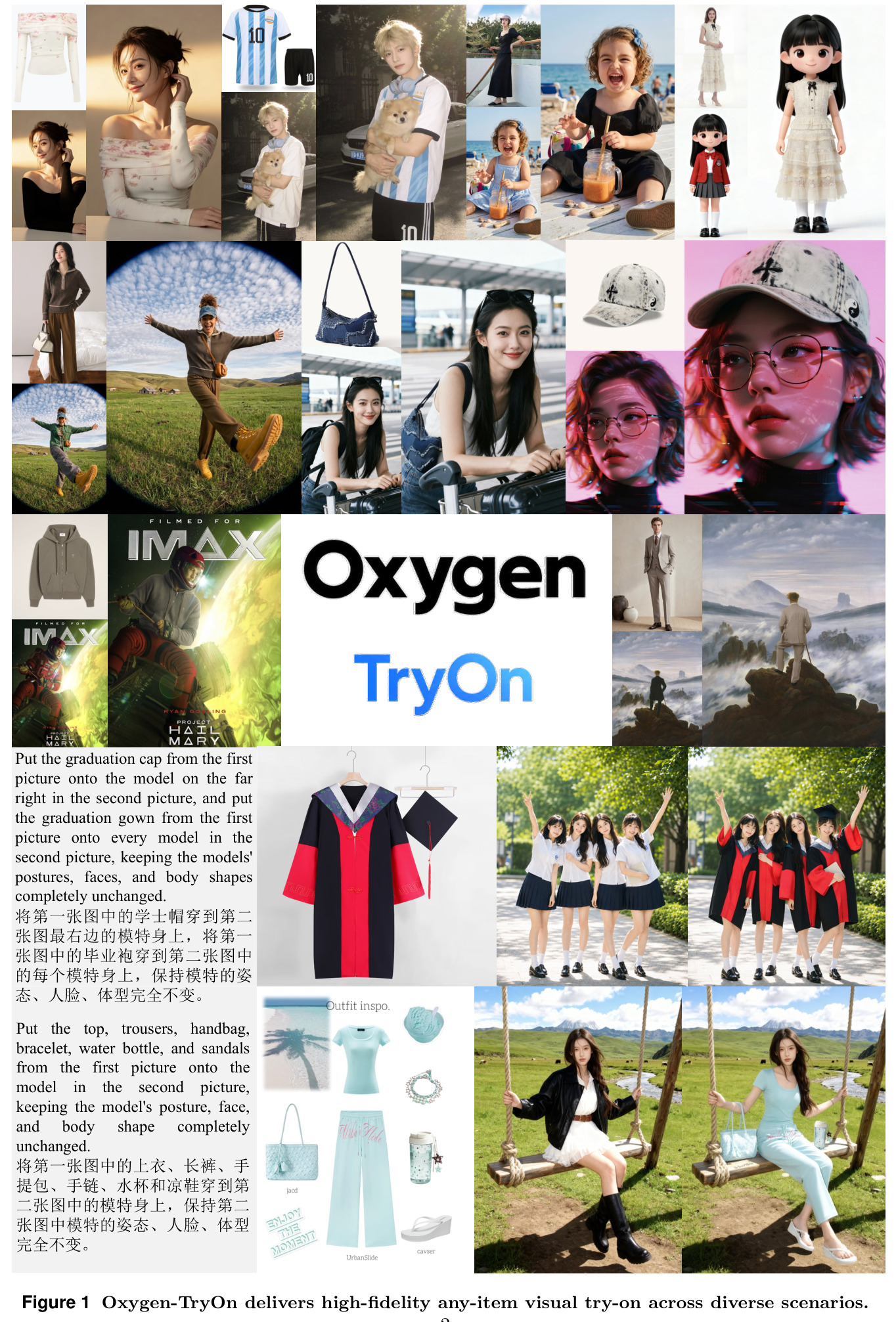 Oxygen-TryOn delivers high-fidelity any-item visual try-on across diverse scenarios.