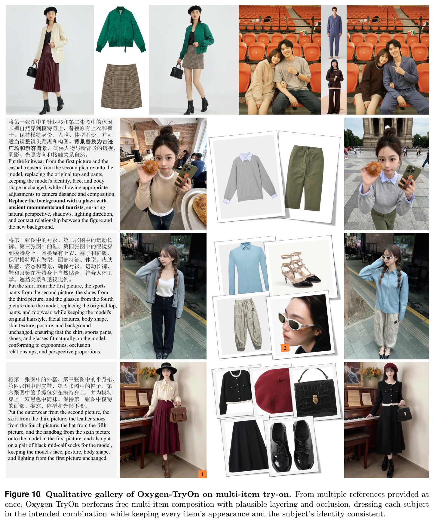 Qualitative gallery of Oxygen-TryOn on multi-item try-on.