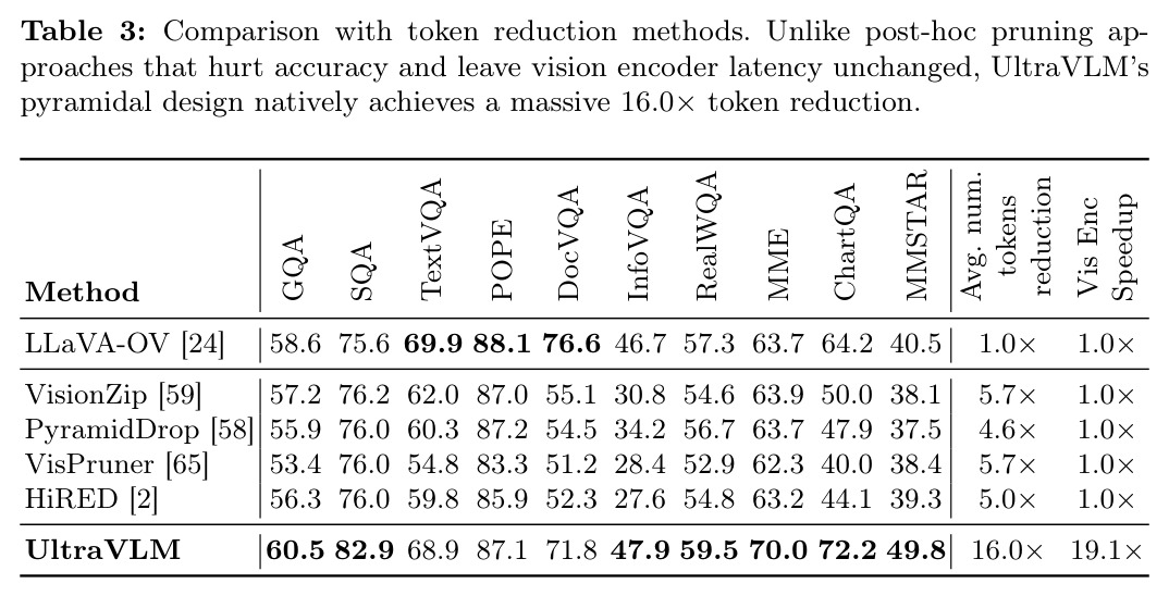 与 token 削减方法的对比：UltraVLM 的金字塔设计原生实现 16.0× token 削减。