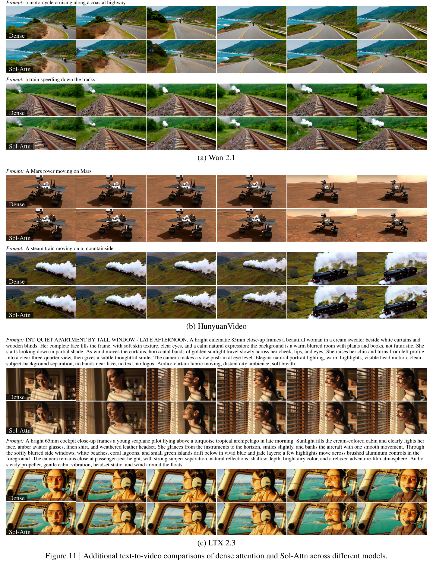 Additional text-to-video comparisons of dense attention and Sol-Attn