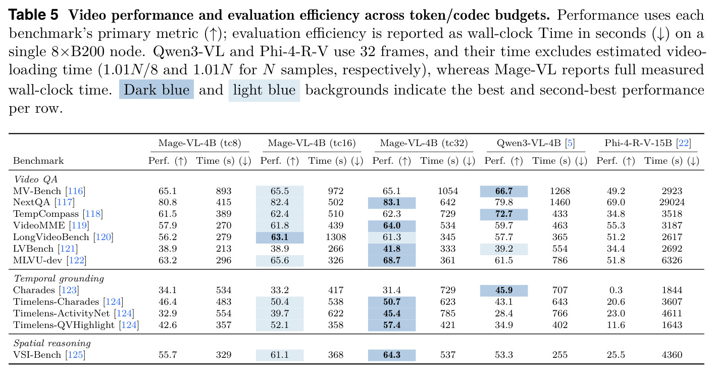 Video performance and evaluation efficiency across token/codec budgets