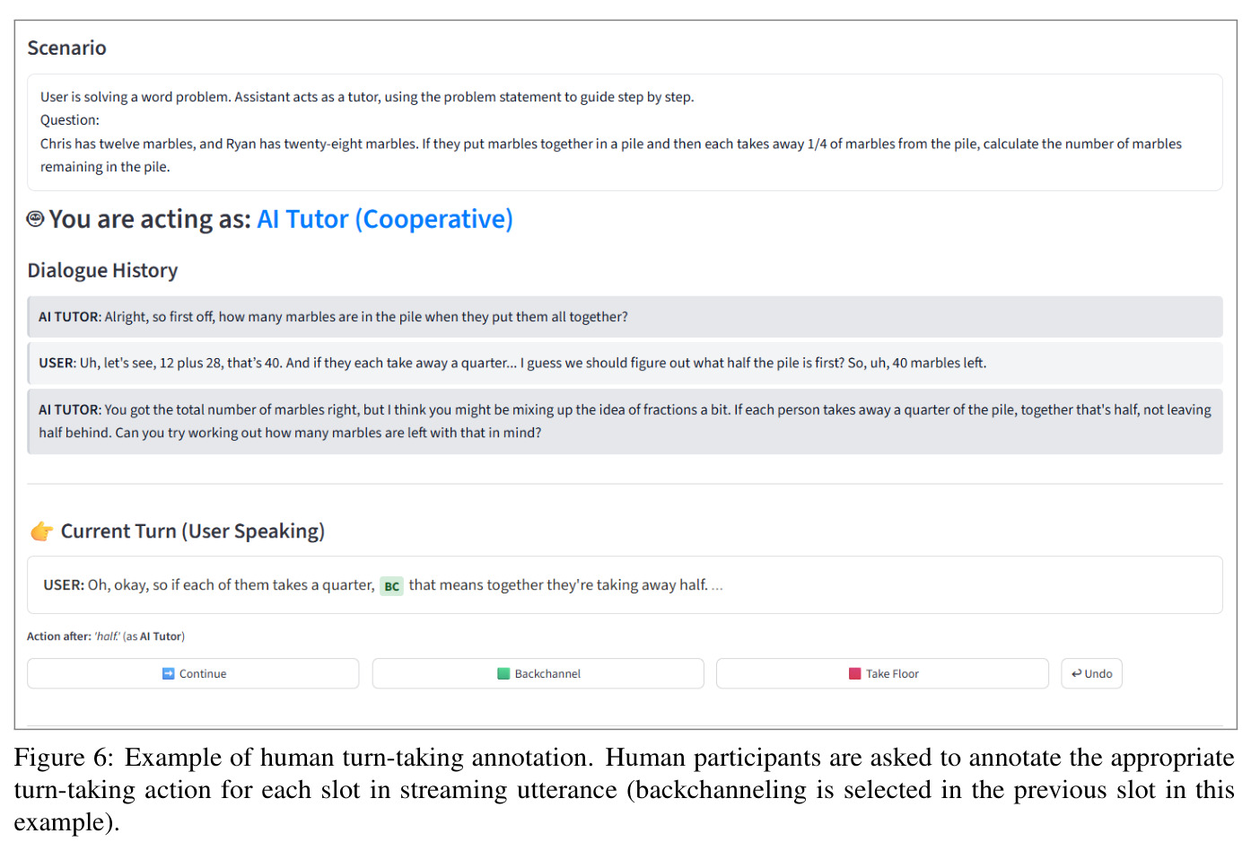 Example of human turn-taking annotation (backchanneling selected).