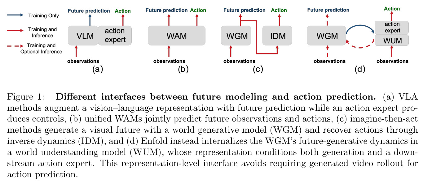 Different interfaces between future modeling and action prediction.