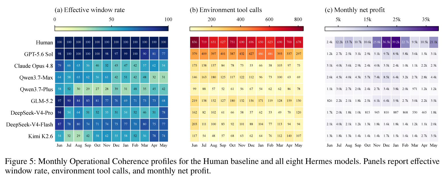 Monthly Operational Coherence profiles for the Human baseline and all eight Hermes models