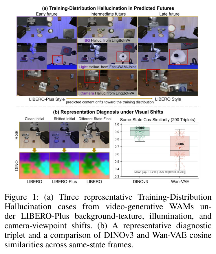 (a) Three representative Training-Distribution Hallucination cases from video-generative WAMs under LIBERO-Plus background-texture, illumination, and camera-viewpoint shifts. (b) A representative diagnostic triplet and a comparison of DINOv3 and Wan-VAE cosine similarities across same-state frames.
