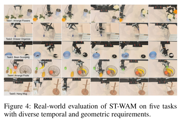 Real-world evaluation of ST-WAM on five tasks with diverse temporal and geometric requirements.