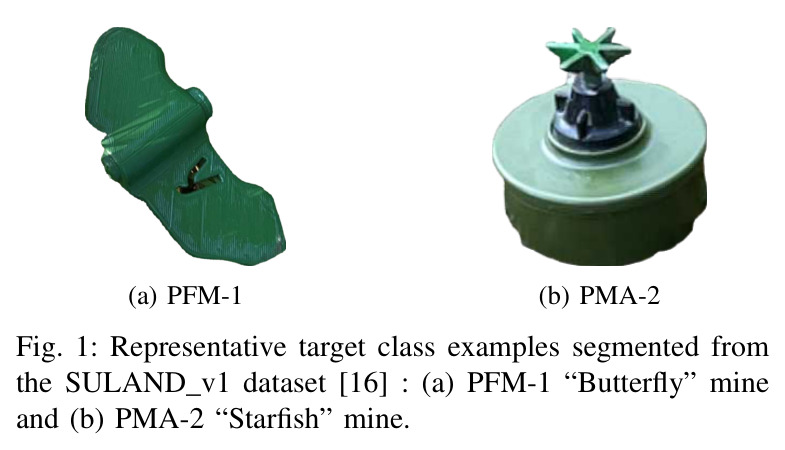 Representative target class examples segmented from the SULAND v1 dataset: (a) PFM-1 "Butterfly" mine and (b) PMA-2 "Starfish" mine.