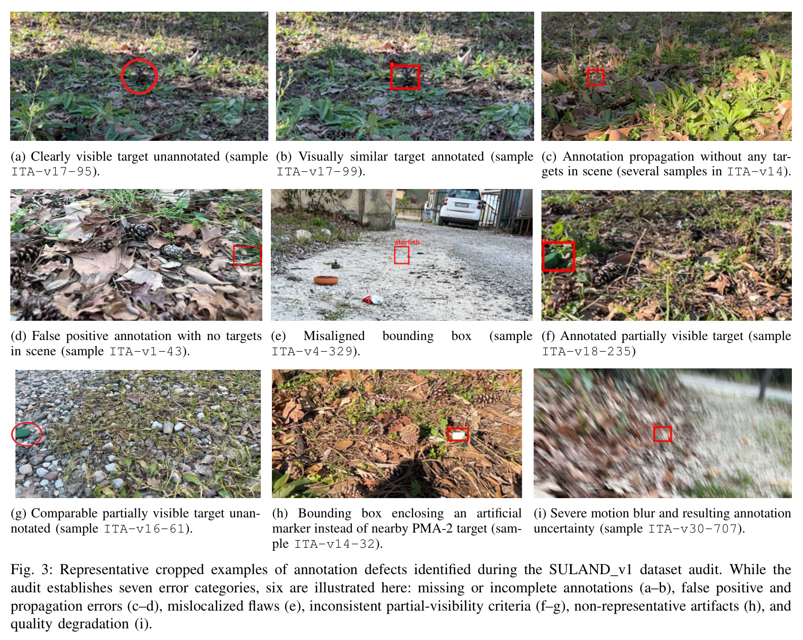 Representative cropped examples of annotation defects identified during the SULAND v1 dataset audit (six of seven categories).