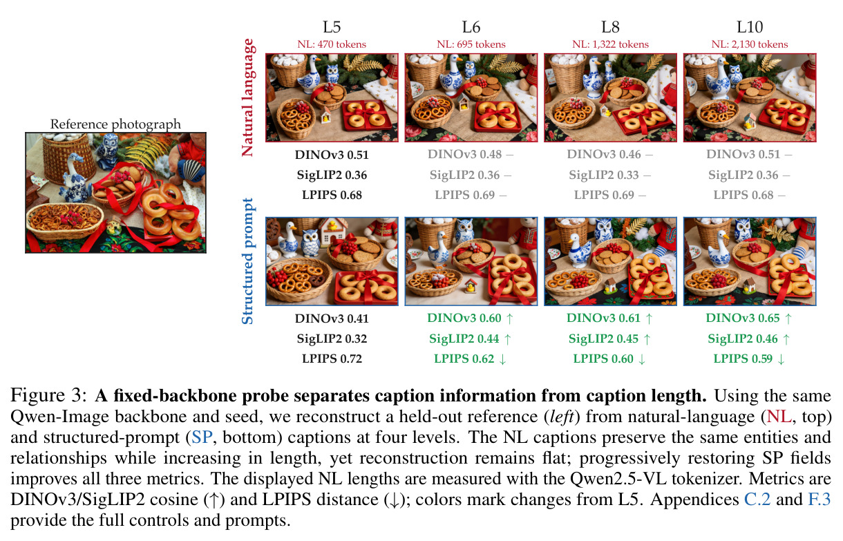 A fixed-backbone probe separates caption information from caption length.
