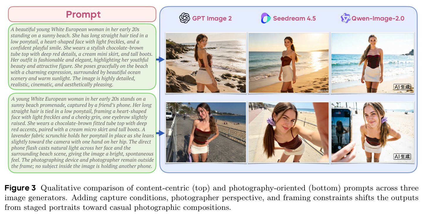 Qualitative comparison of content-centric (top) and photography-oriented (bottom) prompts.