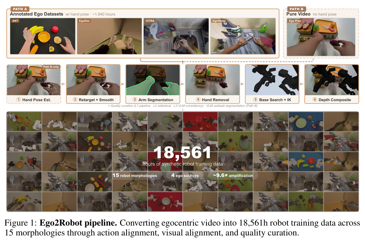 Ego2Robot pipeline. Converting egocentric video into 18,561h robot training data across 15 morphologies through action alignment, visual alignment, and quality curation.