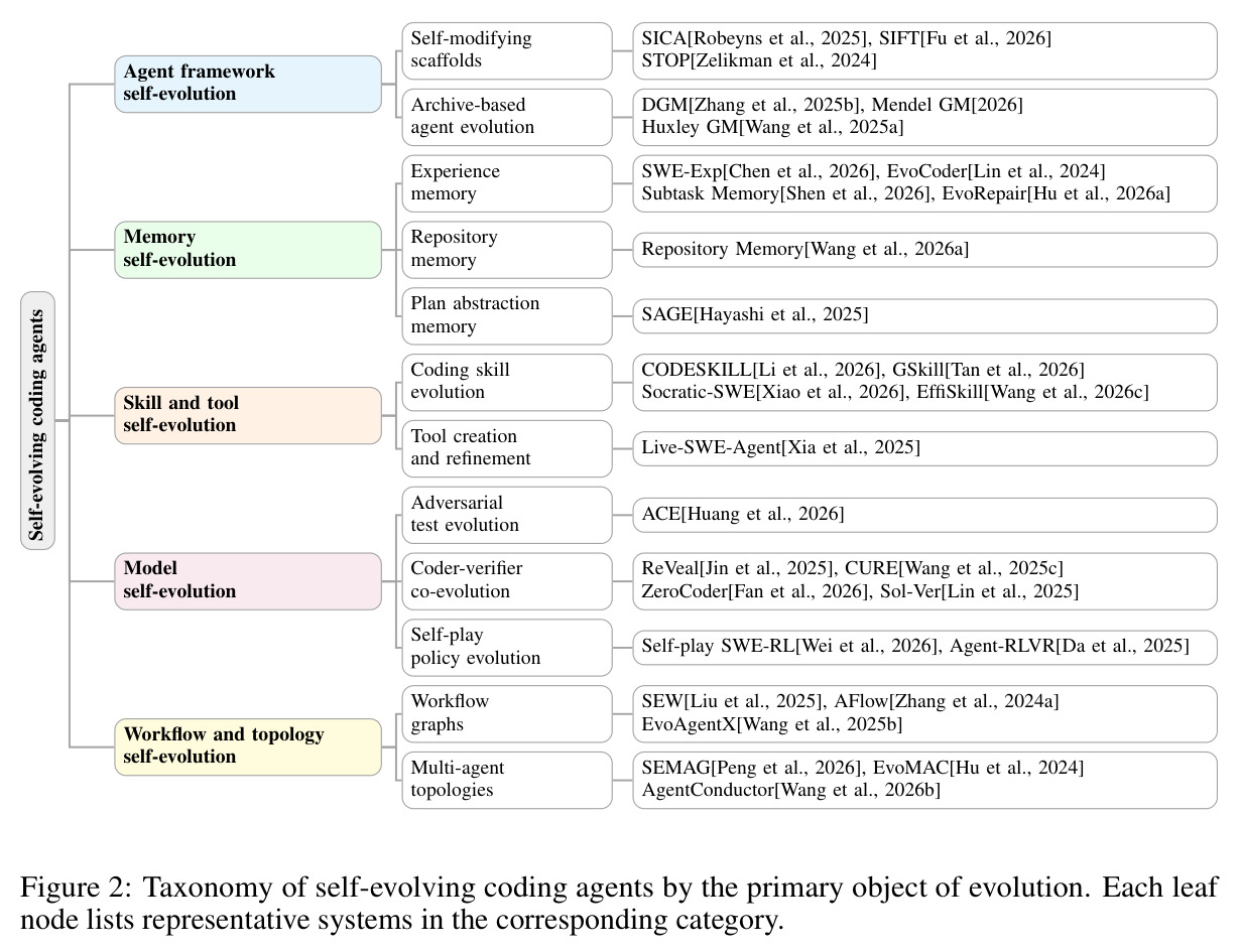 Taxonomy of self-evolving coding agents by the primary object of evolution.