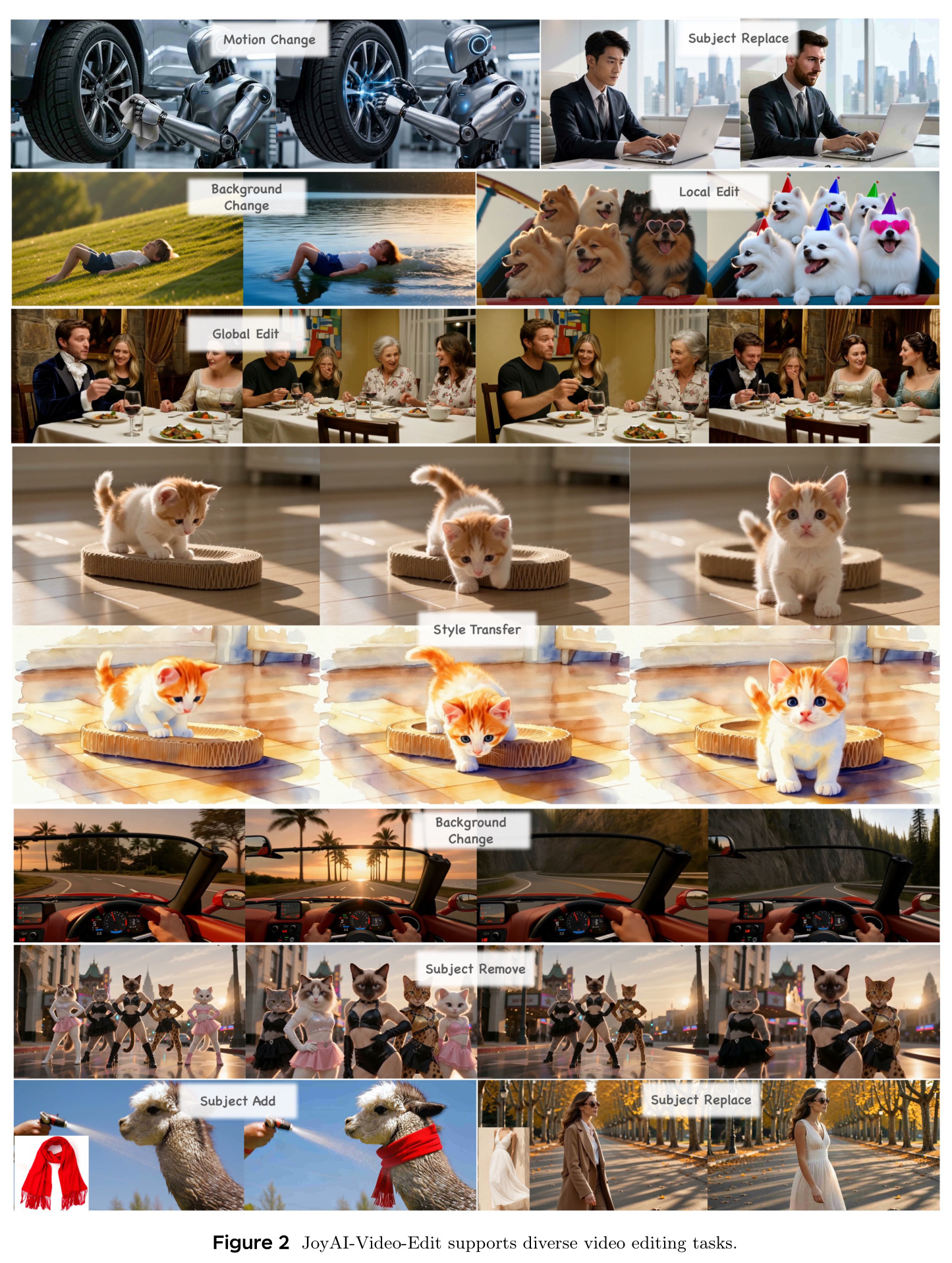 JoyAI-Video-Edit supports diverse video editing tasks.