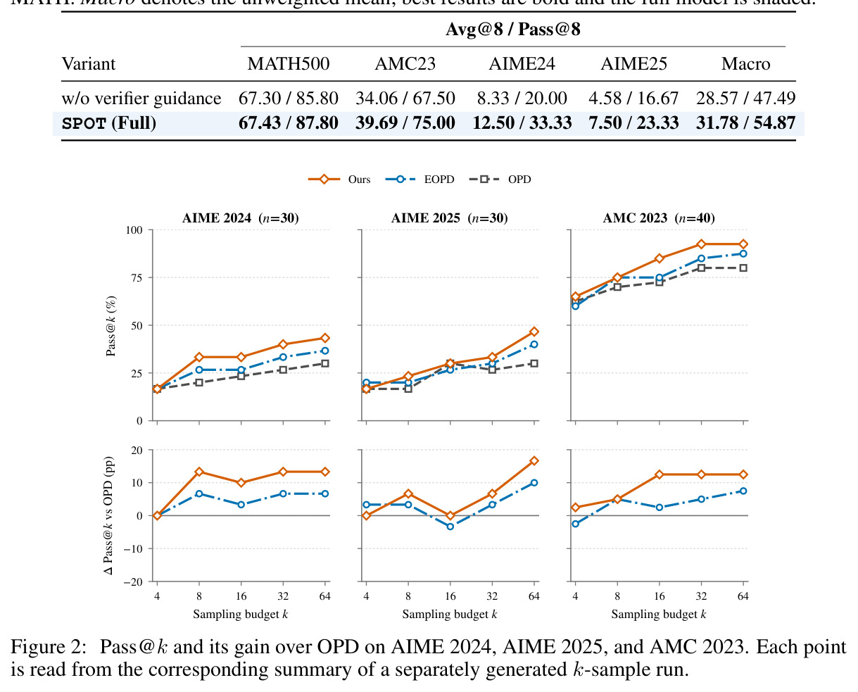 Pass@k and its gain over OPD on AIME 2024, AIME 2025, and AMC 2023. Each point is read from the corresponding summary of a separately generated k-sample run.