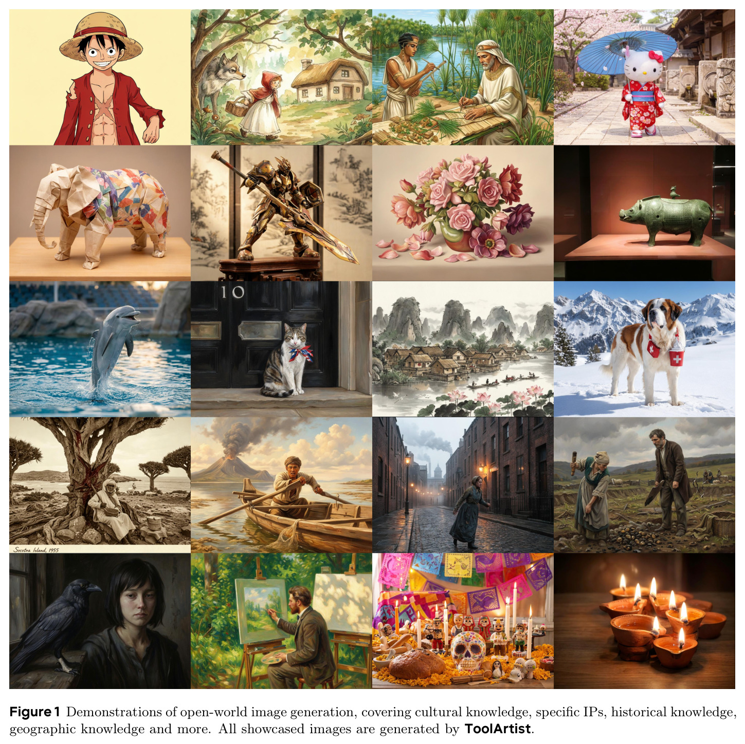 Demonstrations of open-world image generation, covering cultural knowledge, specific IPs, historical knowledge, geographic knowledge and more. All showcased images are generated by ToolArtist.