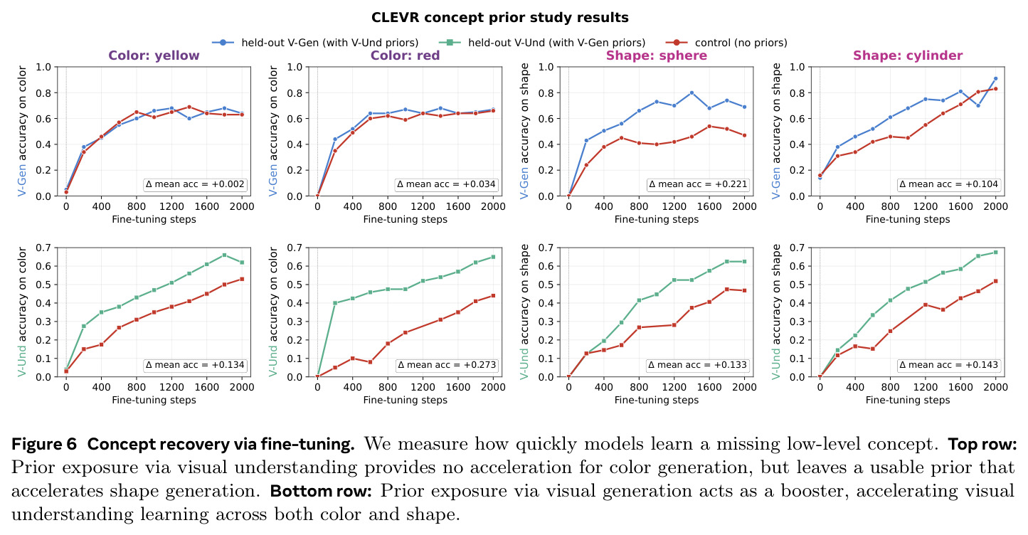 Concept recovery via fine-tuning. Prior exposure via visual generation acts as a booster, accelerating visual understanding learning across both color and shape.