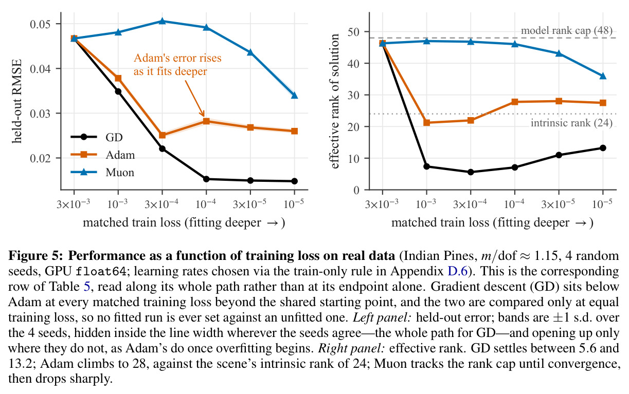 Performance as a function of training loss on real data (Indian Pines, m/dof ≈ 1.15, 4 seeds, GPU float64).