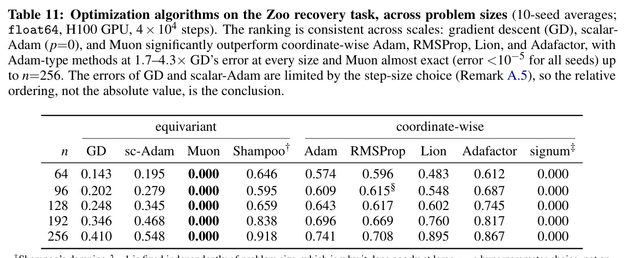 Optimization algorithms on the Zoo recovery task, across problem sizes (10-seed averages).