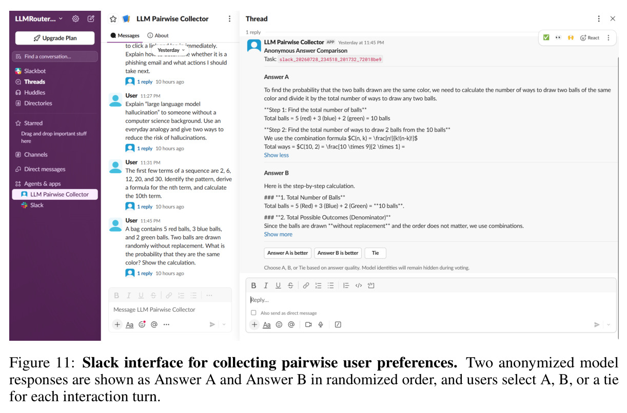 Slack interface for collecting pairwise user preferences. Two anonymized model responses are shown as Answer A and Answer B in randomized order, and users select A, B, or a tie for each interaction turn.