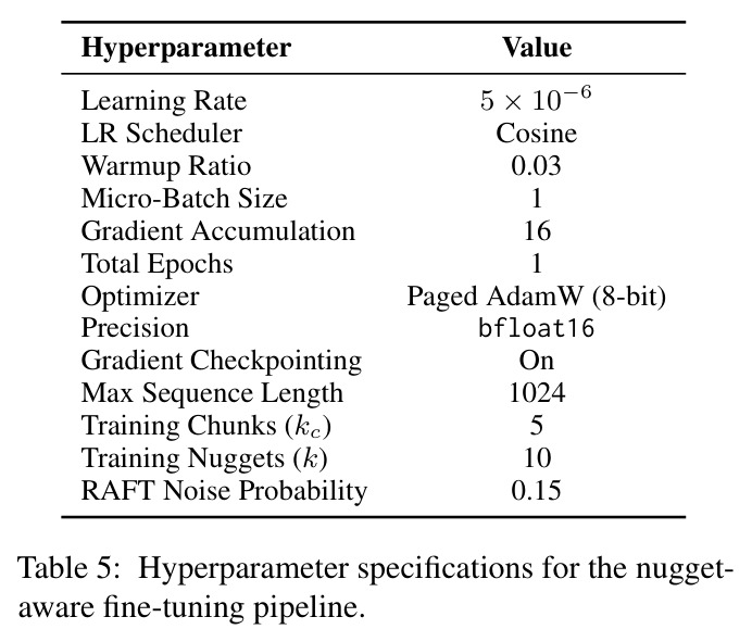 Hyperparameter specifications for the nugget-aware fine-tuning pipeline.