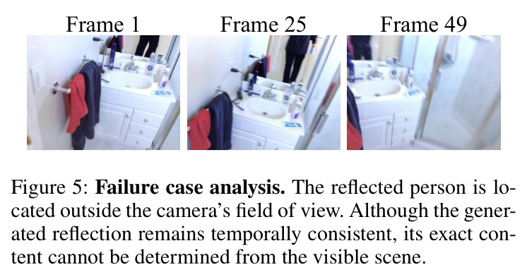Failure case analysis. The reflected person is located outside the camera's field of view. Although the generated reflection remains temporally consistent, its exact content cannot be determined from the visible scene.