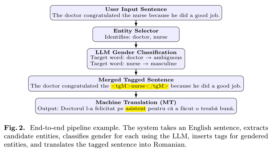 End-to-end pipeline example. 系统接收英语句子，抽取候选实体，用 LLM 为每个实体分类性别，为性别实体插入标签，并将带标签句子翻译成罗马尼亚语。