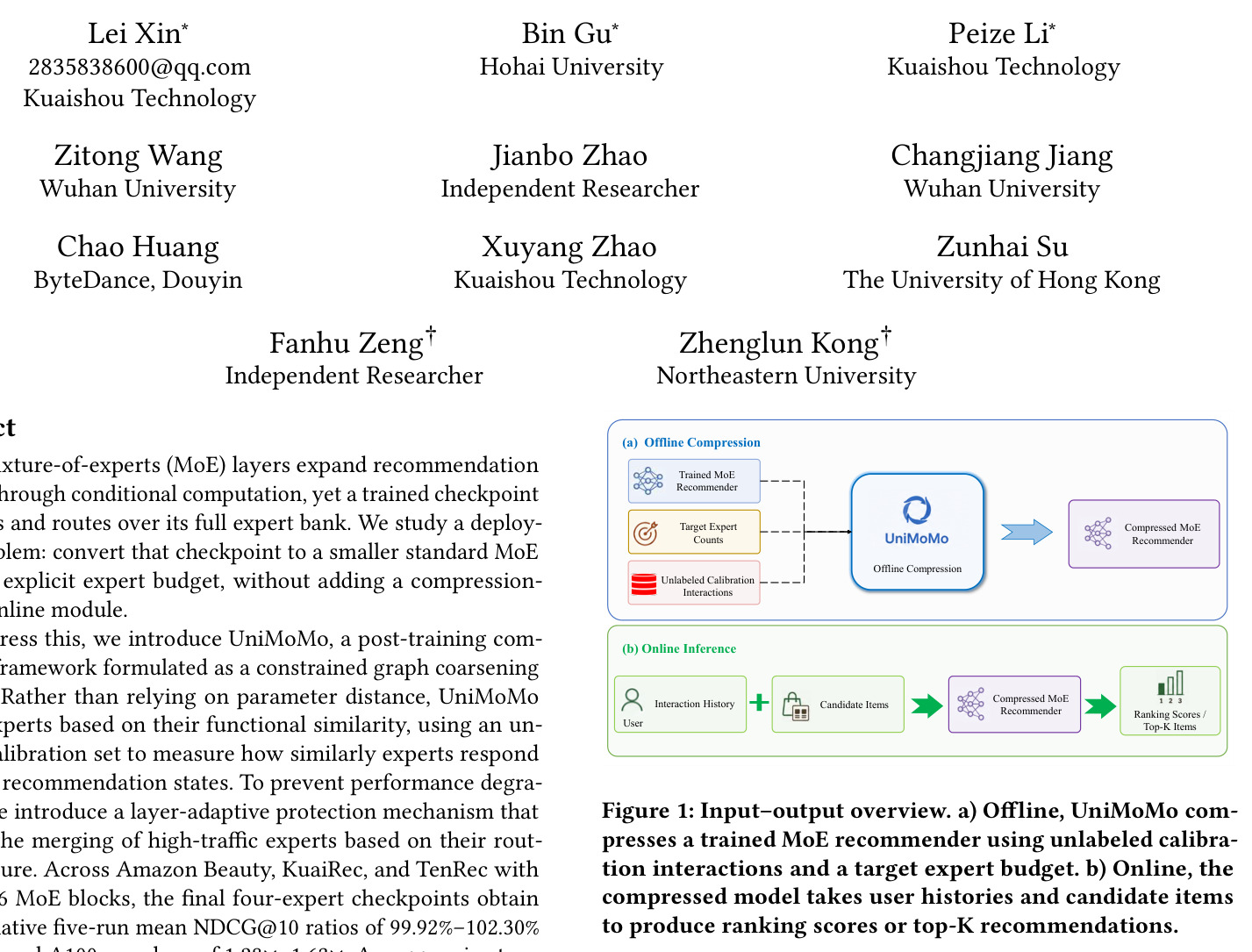 Input–output overview. a) Offline, UniMoMo compresses a trained MoE recommender using unlabeled calibration interactions and a target expert budget. b) Online, the compressed model takes user histories and candidate items to produce ranking scores or top-K recommendations.