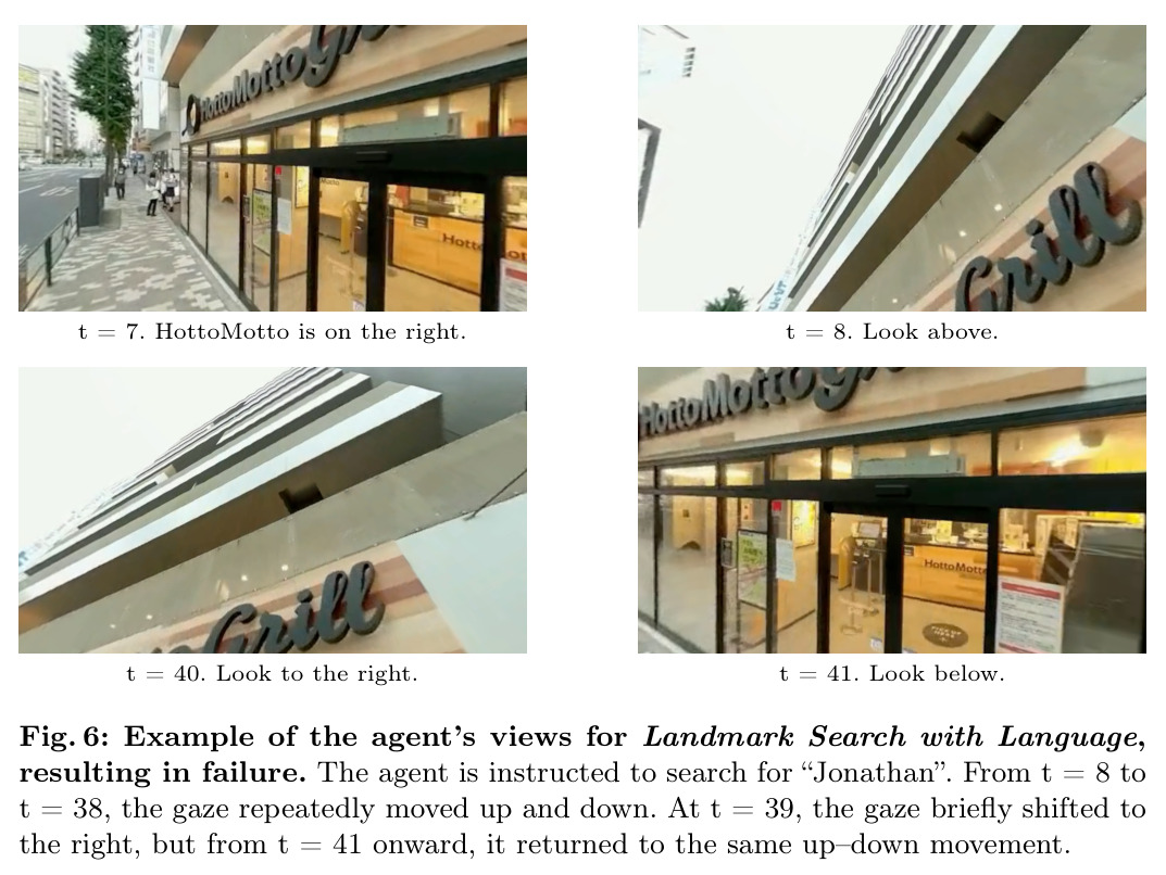 Example of the agent's views for Landmark Search with Language, resulting in failure.