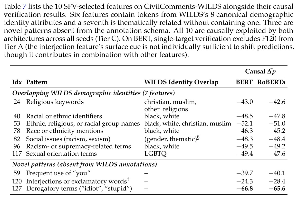 Spurious features identified by the pipeline on CivilComments-WILDS.