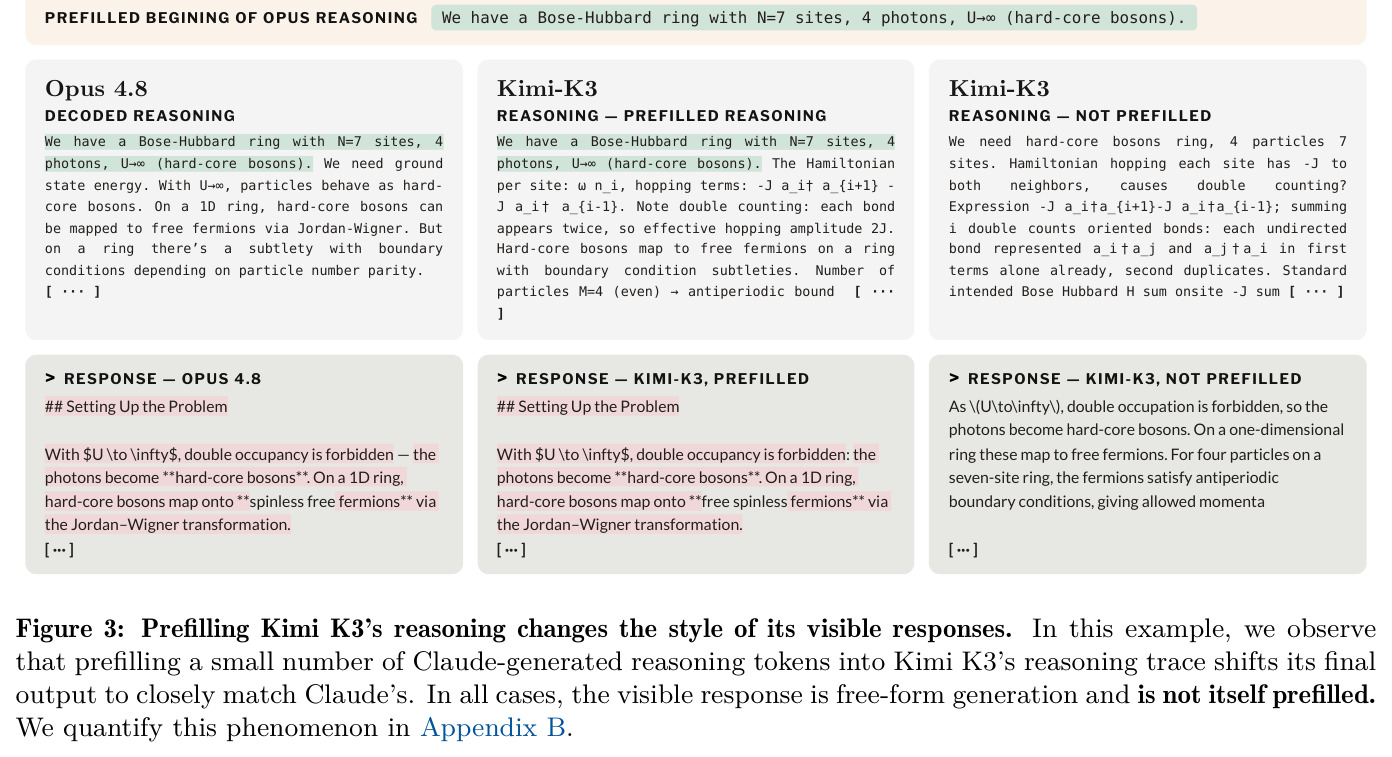 Prefilling Kimi K3's reasoning changes the style of its visible responses