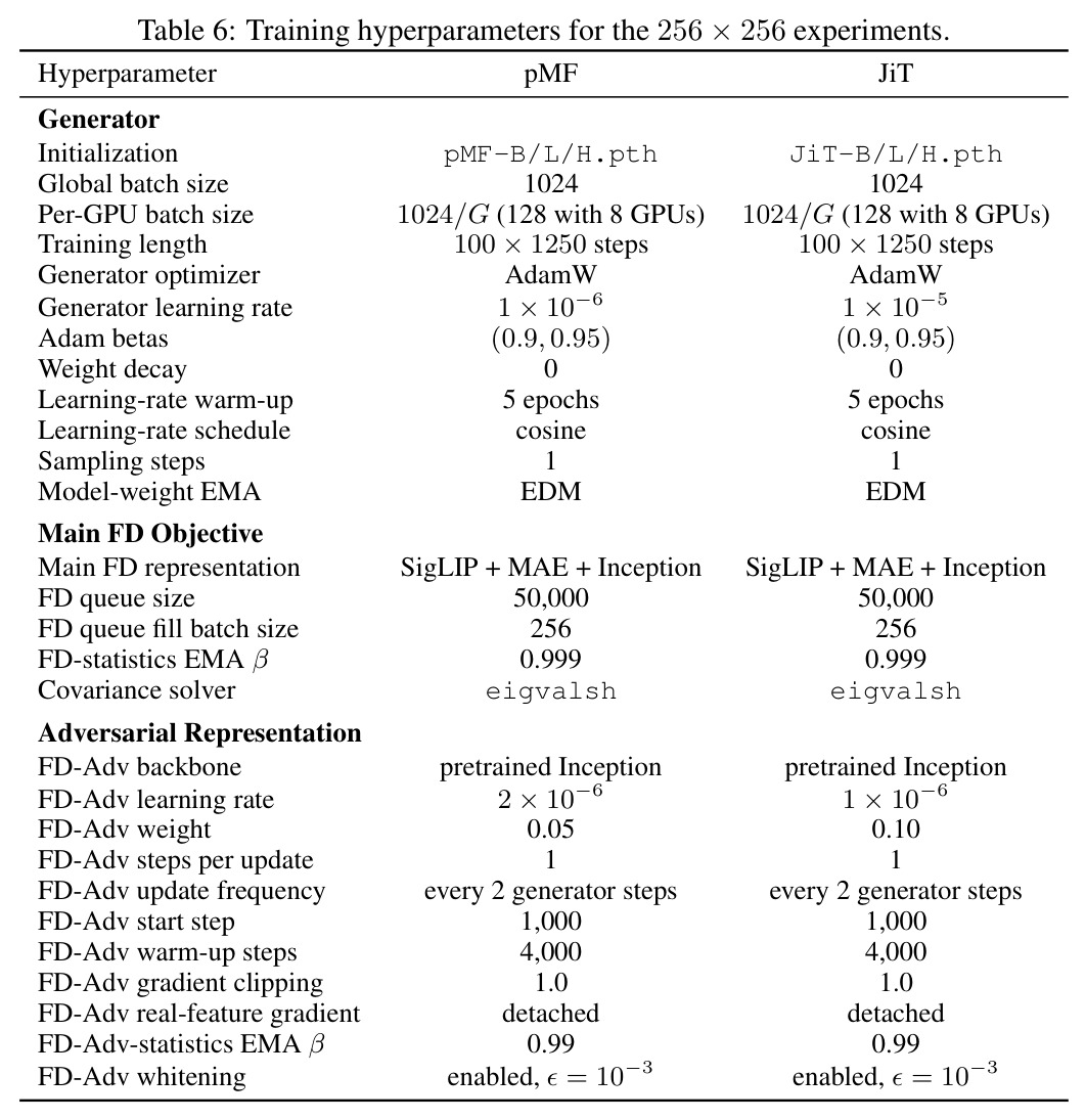 Training hyperparameters for the 256×256 experiments