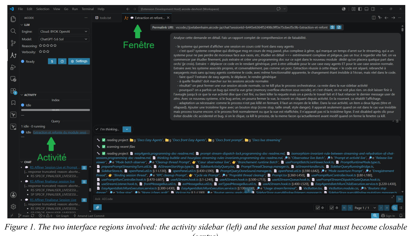 The two interface regions involved: the activity sidebar (left) and the session panel that must become closable (centre).