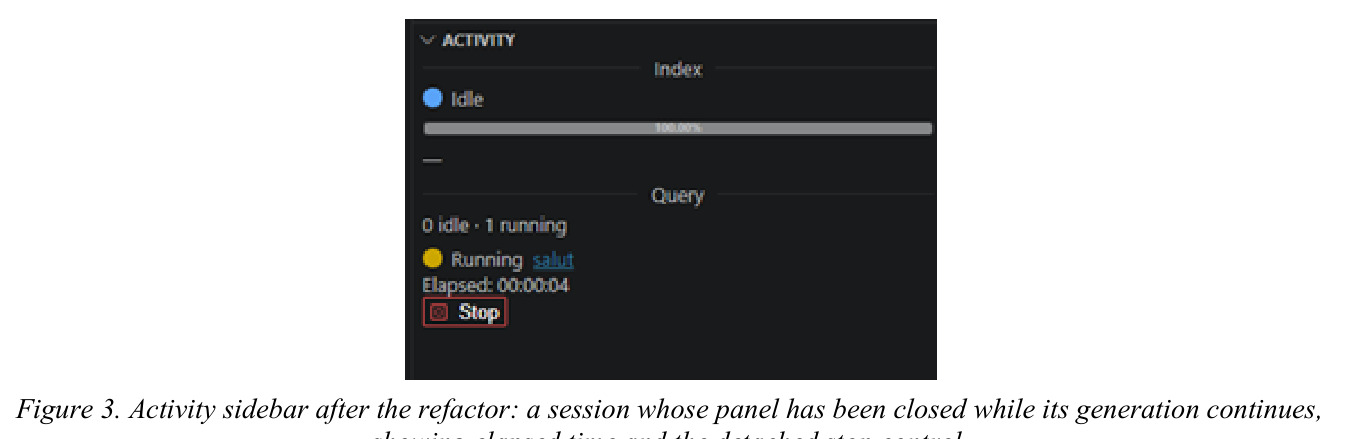 Activity sidebar after the refactor: a session whose panel has been closed while its generation continues, showing elapsed time and the detached stop control.