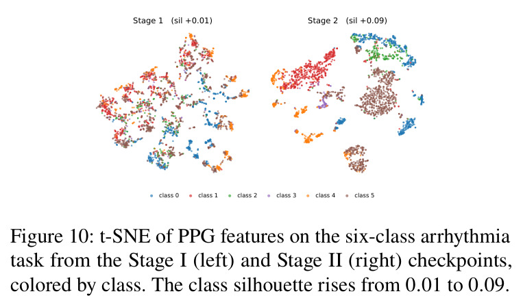 t-SNE of PPG features on the six-class arrhythmia task from the Stage I (left) and Stage II (right) checkpoints, colored by class. The class silhouette rises from 0.01 to 0.09.