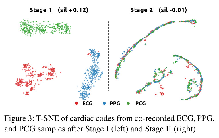 T-SNE of cardiac codes from co-recorded ECG, PPG, and PCG samples after Stage I (left) and Stage II (right).