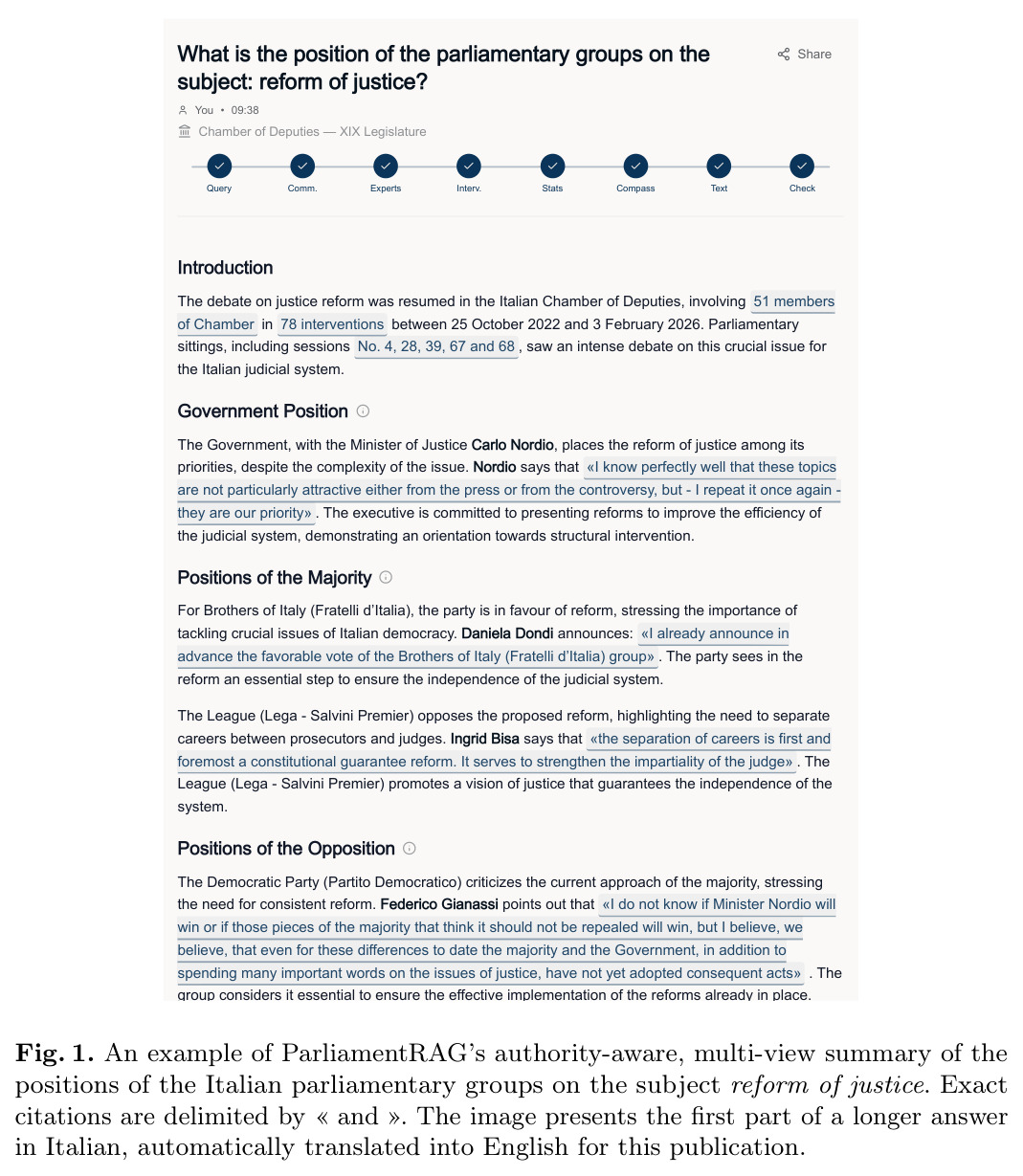 An example of ParliamentRAG's authority-aware, multi-view summary of the positions of the Italian parliamentary groups on the subject reform of justice